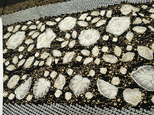 平和屋着物●訪問着 辻が花 絞り 黒地 金彩 正絹 逸品 AABG2783cs