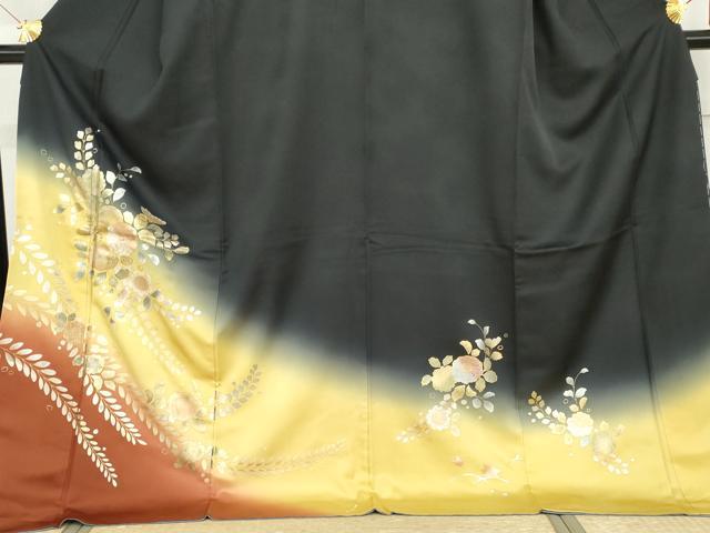 平和屋着物●訪問着　辻が花　暈し染め　黒地　金銀彩　ロング丈　正絹　逸品　AABG2776cs