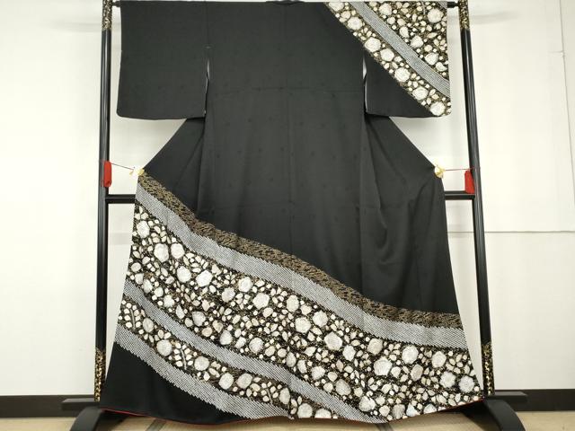 平和屋着物●訪問着 辻が花 絞り 黒地 金彩 正絹 逸品 AABG2783cs