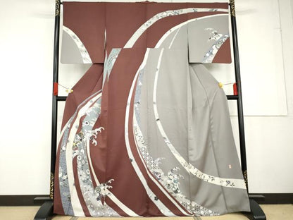 平和屋着物●京友禅作家　外池雅峰　訪問着　駒刺繍　立波吉祥花文　正絹　逸品　AABG2782cs
