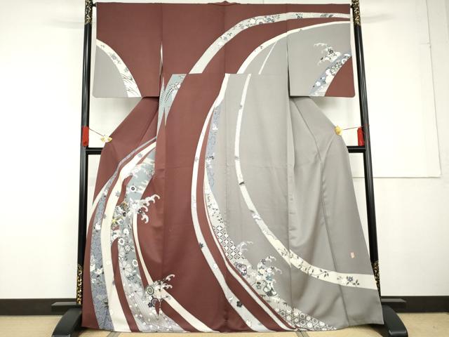 平和屋着物●京友禅作家　外池雅峰　訪問着　駒刺繍　立波吉祥花文　正絹　逸品　AABG2782cs