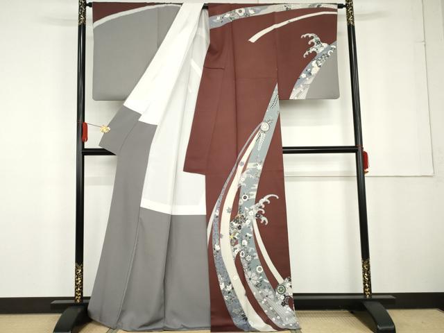 平和屋着物●京友禅作家　外池雅峰　訪問着　駒刺繍　立波吉祥花文　正絹　逸品　AABG2782cs
