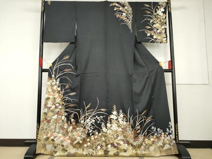 平和屋着物●訪問着 友禅 駒刺繍 草花文 黒地 金彩 正絹 逸品 AABG3487cs
