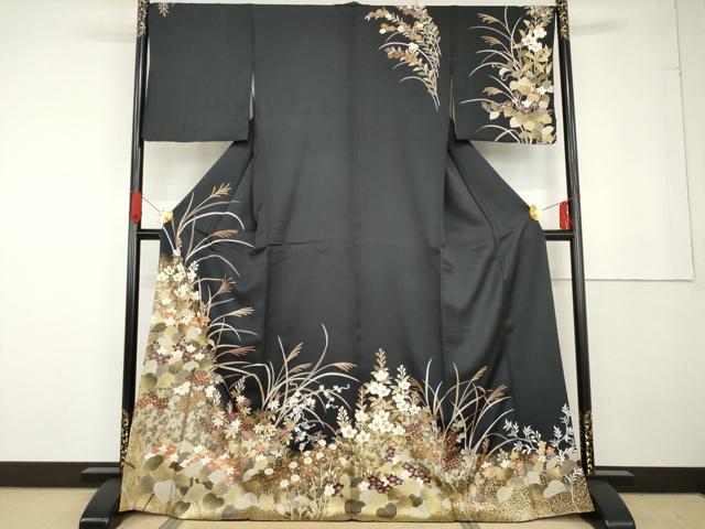 平和屋着物●訪問着 友禅 駒刺繍 草花文 黒地 金彩 正絹 逸品 AABG3487cs