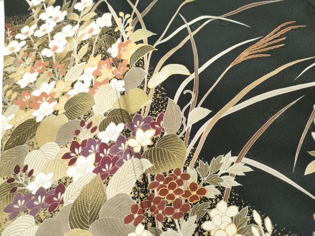 平和屋着物●訪問着 友禅 駒刺繍 草花文 黒地 金彩 正絹 逸品 AABG3487cs