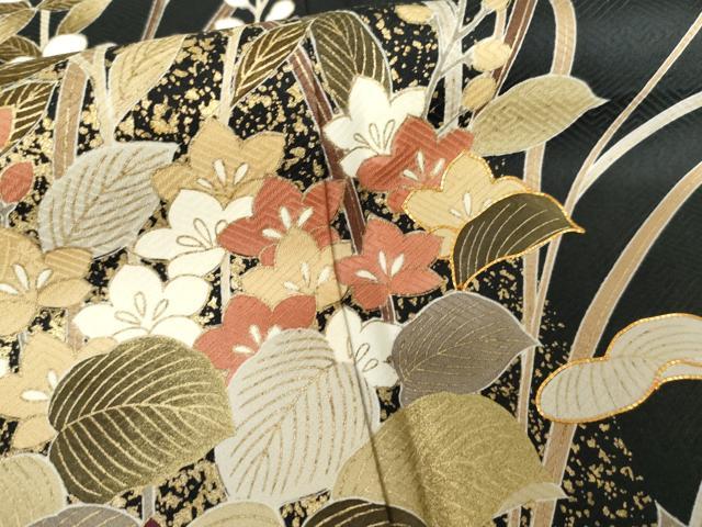 平和屋着物●訪問着 友禅 駒刺繍 草花文 黒地 金彩 正絹 逸品 AABG3487cs