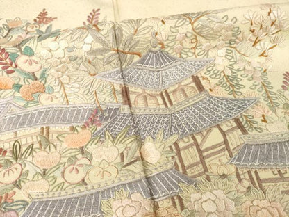 平和屋着物●総刺繍　蘇州刺繍　訪問着　風景花文　正絹　逸品　AABG2656ck