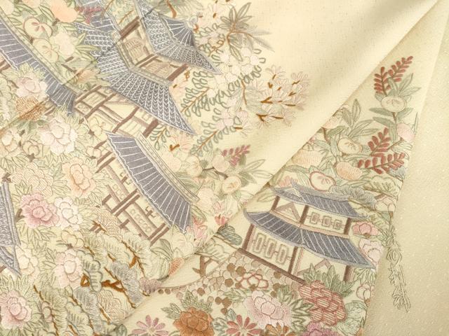平和屋着物●総刺繍　蘇州刺繍　訪問着　風景花文　正絹　逸品　AABG2656ck