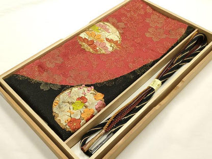 平和屋本店●和装小物　帯締め・帯揚げセット　振袖用　刺繍　花丸文　金銀糸　金通し地　正絹　逸品　未使用品あり　AABF9934ay