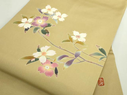 平和屋着物●極上　京友禅　才勝精秀　塩瀬　九寸名古屋帯　枝花文　薄い桑染色地　逸品　DZAB5080kh6