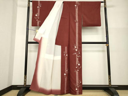 平和屋着物●訪問着　紬地　絞り　枝花文　銀彩　正絹　逸品　AABG3689ck