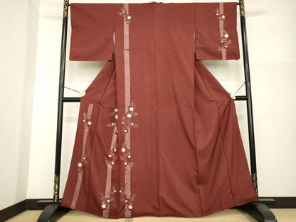 平和屋着物●訪問着　紬地　絞り　枝花文　銀彩　正絹　逸品　AABG3689ck
