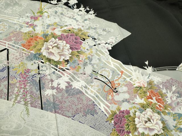 平和屋着物□豪華黒留袖 駒刺繍 向かい鳥更紗花文 金銀彩