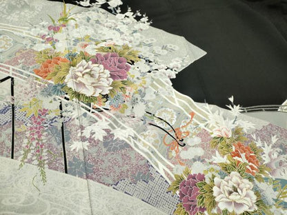 平和屋着物■豪華黒留袖 駒刺繍 渡り橋草花文 金銀彩 正絹 逸品 CABC7781ou