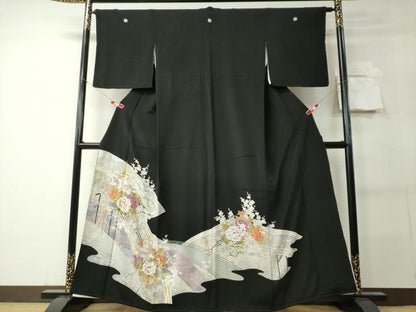 平和屋着物■豪華黒留袖 駒刺繍 渡り橋草花文 金銀彩 正絹 逸品 CABC7781ou