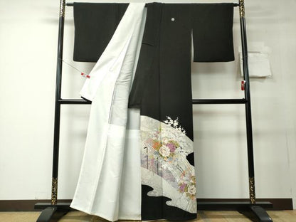 平和屋着物■豪華黒留袖 駒刺繍 渡り橋草花文 金銀彩 正絹 逸品 CABC7781ou