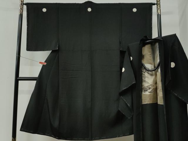 平和屋着物●男性　黒紋付　羽織セット　羽裏：風景文　正絹　逸品　未使用　CABC6893yc