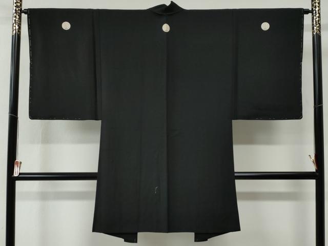 平和屋着物●男性　黒紋付　羽織セット　羽裏：風景文　正絹　逸品　未使用　CABC6893yc