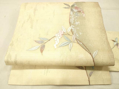 平和屋着物＊夏物 九寸名古屋帯 刺繍 葡萄枝葉文 金彩 引箔 正絹 逸品 DABC8227cm