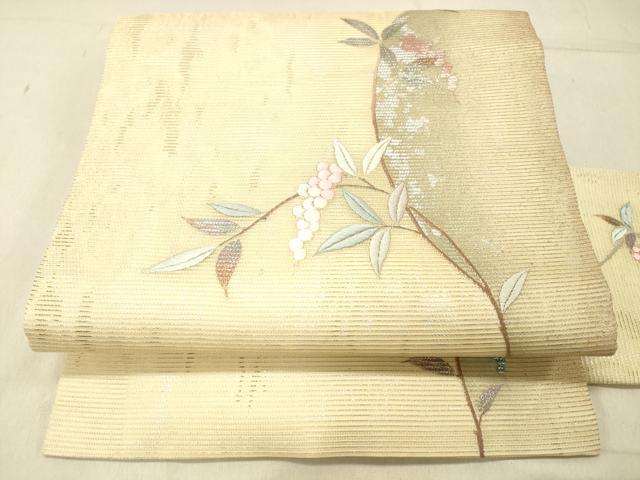 平和屋着物＊夏物 九寸名古屋帯 刺繍 葡萄枝葉文 金彩 引箔 正絹 逸品 DABC8227cm