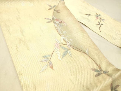 平和屋着物＊夏物 九寸名古屋帯 刺繍 葡萄枝葉文 金彩 引箔 正絹 逸品 DABC8227cm