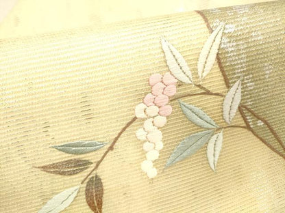 平和屋着物＊夏物 九寸名古屋帯 刺繍 葡萄枝葉文 金彩 引箔 正絹 逸品 DABC8227cm