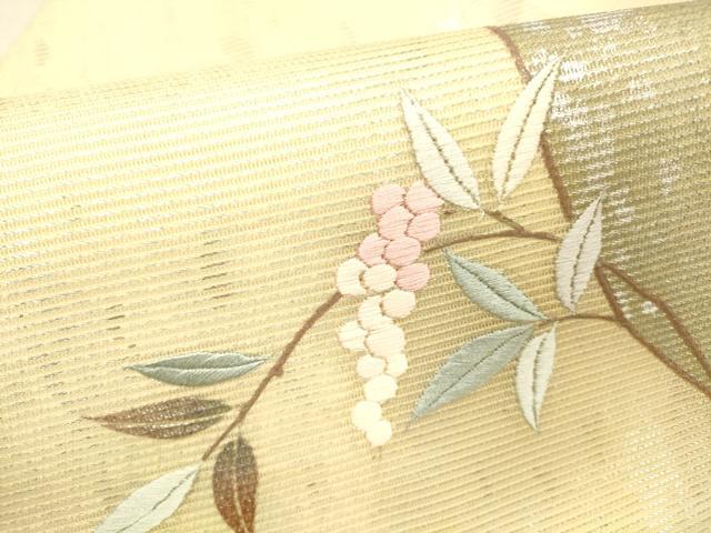 平和屋着物＊夏物 九寸名古屋帯 刺繍 葡萄枝葉文 金彩 引箔 正絹 逸品 DABC8227cm