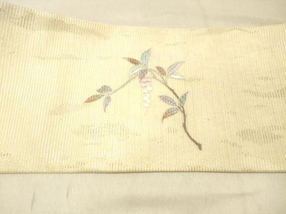 平和屋着物＊夏物 九寸名古屋帯 刺繍 葡萄枝葉文 金彩 引箔 正絹 逸品 DABC8227cm