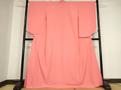 平和屋着物●小振袖　色無地　甚三紅色　正絹　逸品　DABC3046az