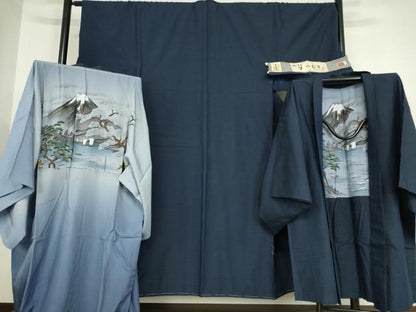 平和屋着物●男性　生紬　米沢織　アンサンブル　長襦袢(無双)セット　格子　証紙付き　正絹　逸品　DABC3063az