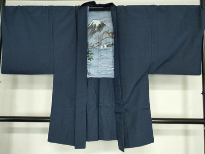 平和屋着物●男性　生紬　米沢織　アンサンブル　長襦袢(無双)セット　格子　証紙付き　正絹　逸品　DABC3063az