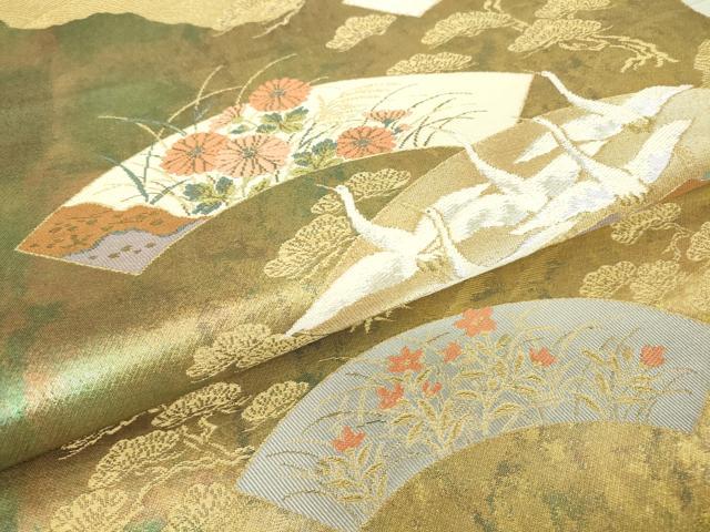 平和屋着物▼六通柄袋帯 地紙飛鶴花文 金銀糸 引箔 正絹 逸品 DABC3133az