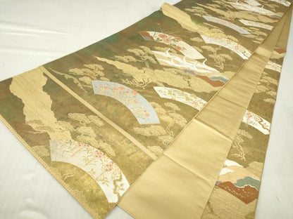 平和屋着物▼六通柄袋帯 地紙飛鶴花文 金銀糸 引箔 正絹 逸品 DABC3133az