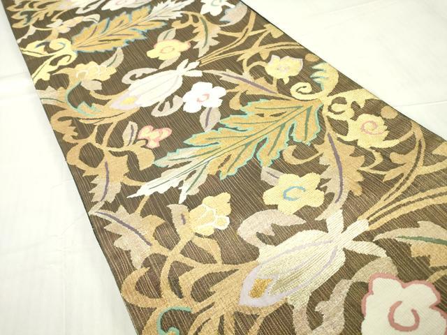 平和屋着物▽六通柄袋帯 スリーシーズン 春夏秋 更紗花文 金糸 正絹 逸品 DABC3118az