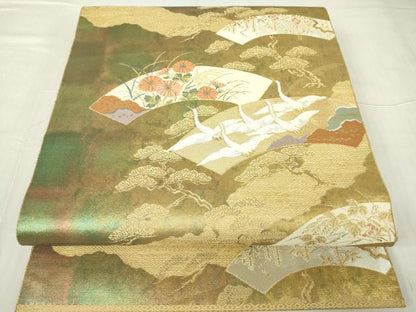 平和屋着物▼六通柄袋帯 地紙飛鶴花文 金銀糸 引箔 正絹 逸品 DABC3133az