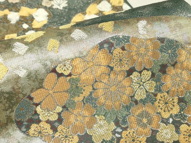 平和屋着物▼六通柄袋帯　上品錦　箔散らし舞花文　金銀糸　引箔　正絹　逸品　DABC3147az