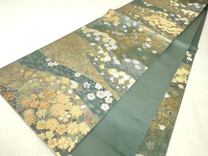 平和屋着物▼六通柄袋帯　上品錦　箔散らし舞花文　金銀糸　引箔　正絹　逸品　DABC3147az