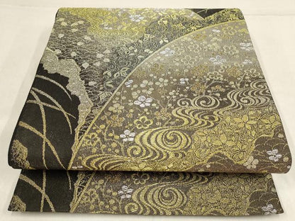平和屋着物▼六通柄袋帯　流水草花文　金銀糸　正絹　逸品　AABF7714wj