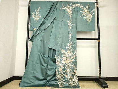平和屋着物●訪問着　駒刺繍　草花文　仮絵羽　正絹　逸品　未使用　AABG3714ck