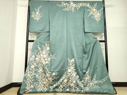 平和屋着物●訪問着　駒刺繍　草花文　仮絵羽　正絹　逸品　未使用　AABG3714ck