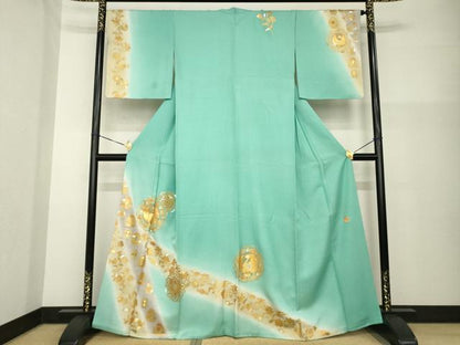 平和屋着物●金彩友禅作家　金彩の魔術師　堀省平　金煌織　訪問着　花鳥文　暈し染め　金銀彩　銀通し地　正絹　逸品　AABG3720ck