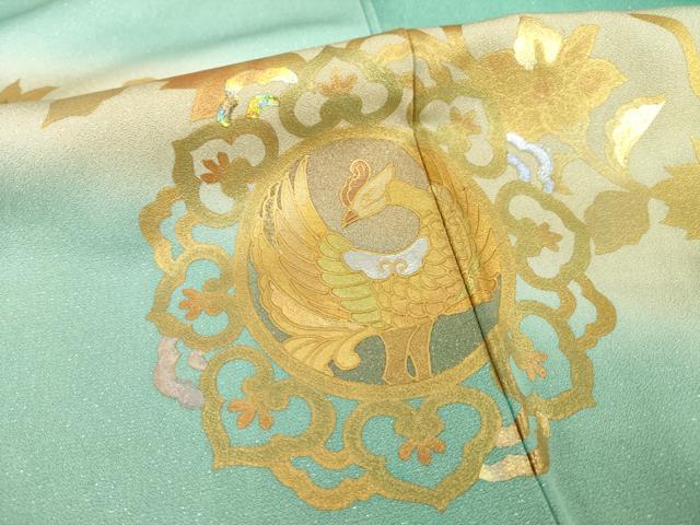 平和屋着物●金彩友禅作家　金彩の魔術師　堀省平　金煌織　訪問着　花鳥文　暈し染め　金銀彩　銀通し地　正絹　逸品　AABG3720ck