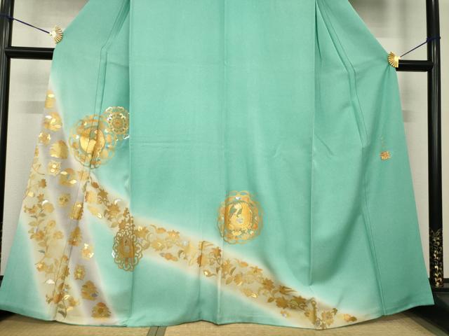平和屋着物●金彩友禅作家　金彩の魔術師　堀省平　金煌織　訪問着　花鳥文　暈し染め　金銀彩　銀通し地　正絹　逸品　AABG3720ck