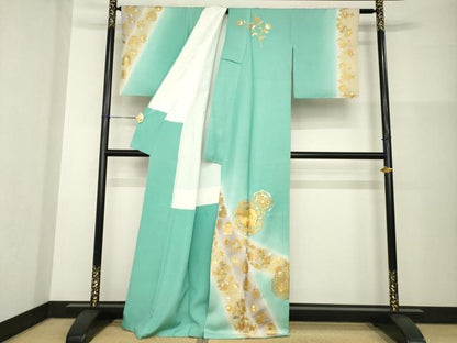 平和屋着物●金彩友禅作家　金彩の魔術師　堀省平　金煌織　訪問着　花鳥文　暈し染め　金銀彩　銀通し地　正絹　逸品　AABG3720ck