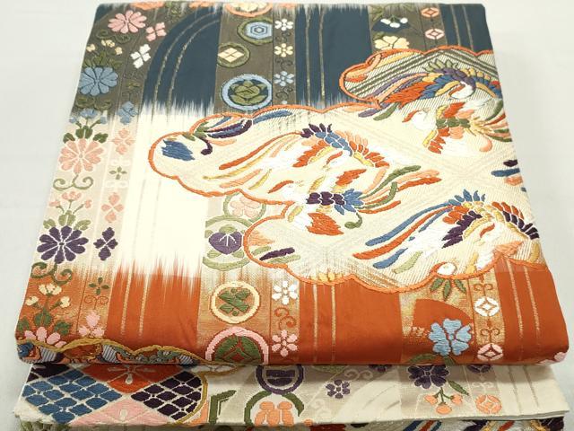 平和屋着物◎六通柄袋帯　唐織　花鳥間道　鳳凰　金糸　正絹　逸品　DABC9104qa