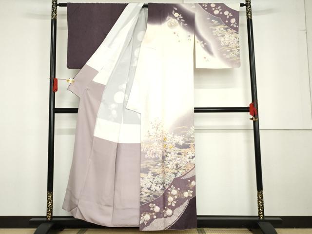 平和屋着物●訪問着　辻が花　駒刺繍　絞り　風景吉祥草花文　暈し染め　金彩　銀通し地　正絹　逸品　AABG3566cs 平和屋着物○訪問着 辻が花 駒刺繍 絞り 風景吉祥草花文 暈し