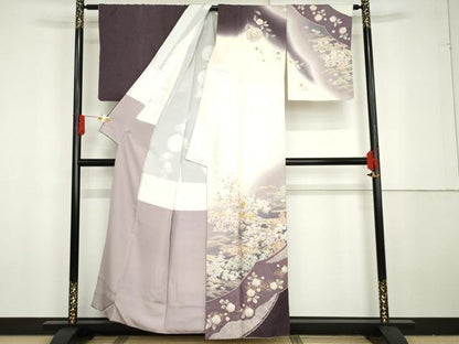 平和屋着物●訪問着　辻が花　駒刺繍　絞り　風景吉祥草花文　暈し染め　金彩　銀通し地　正絹　逸品　AABG3566cs