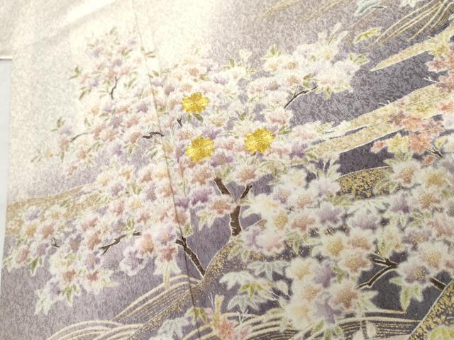 平和屋着物●訪問着　辻が花　駒刺繍　絞り　風景吉祥草花文　暈し染め　金彩　銀通し地　正絹　逸品　AABG3566cs