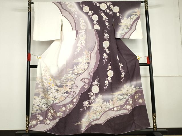 平和屋着物●訪問着　辻が花　駒刺繍　絞り　風景吉祥草花文　暈し染め　金彩　銀通し地　正絹　逸品　AABG3566cs