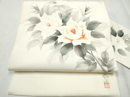 平和屋着物●塩瀬　九寸名古屋帯　作家物　手描き　枝牡丹　正絹　逸品　CABD5840hy